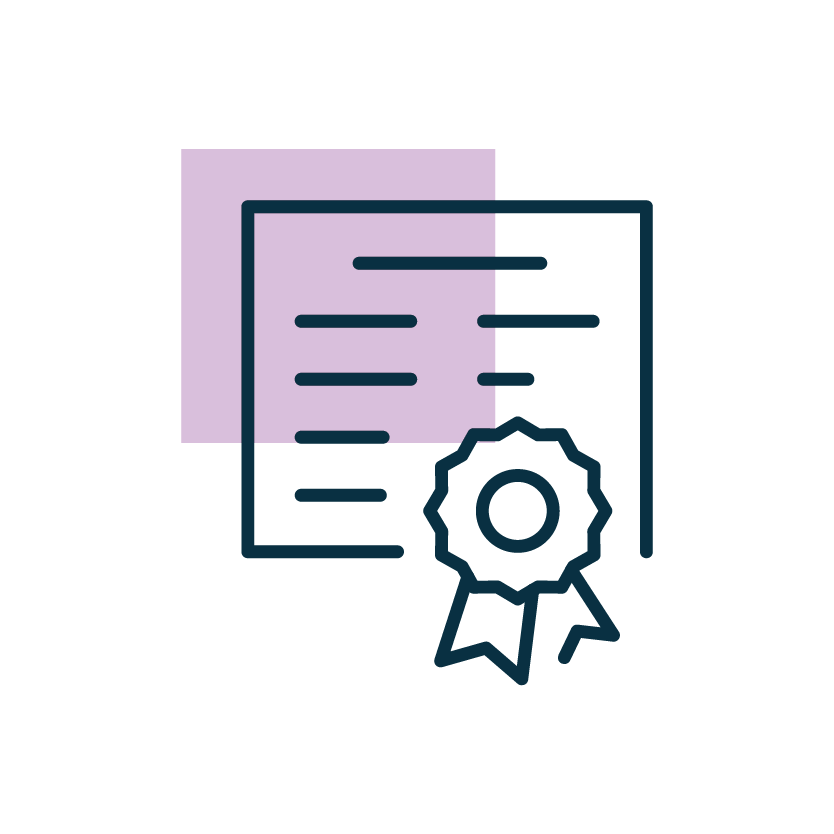Education blockchain use-case icon: certificate document with award ribbon
