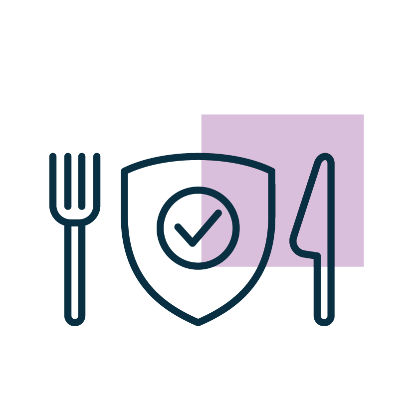 Food safety blockchain use-case icon: fork and knife with a verified shield