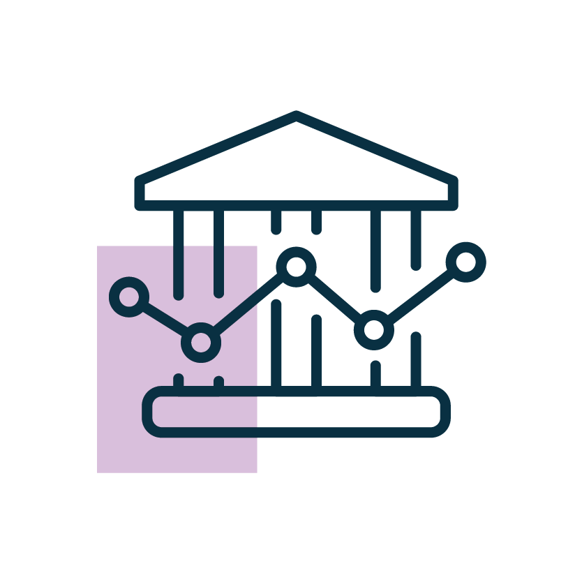 Government blockchain use-case icon: bank building above a line-chart data trend