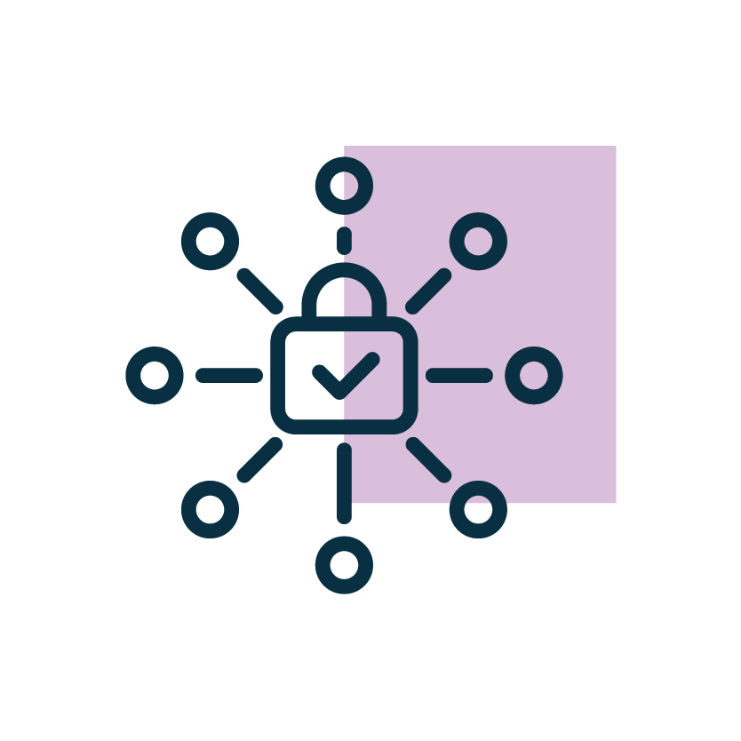 Supply chain blockchain use-case icon: padlock with checkmark linked to a network of nodes
