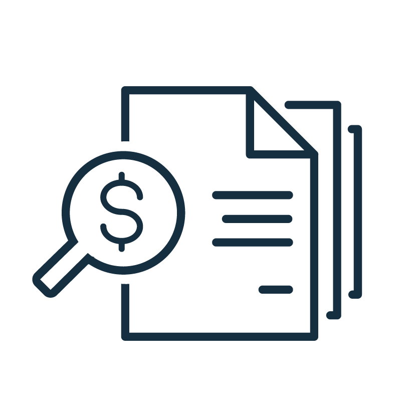 Magnifying glass over a dollar document, representing research and analysis