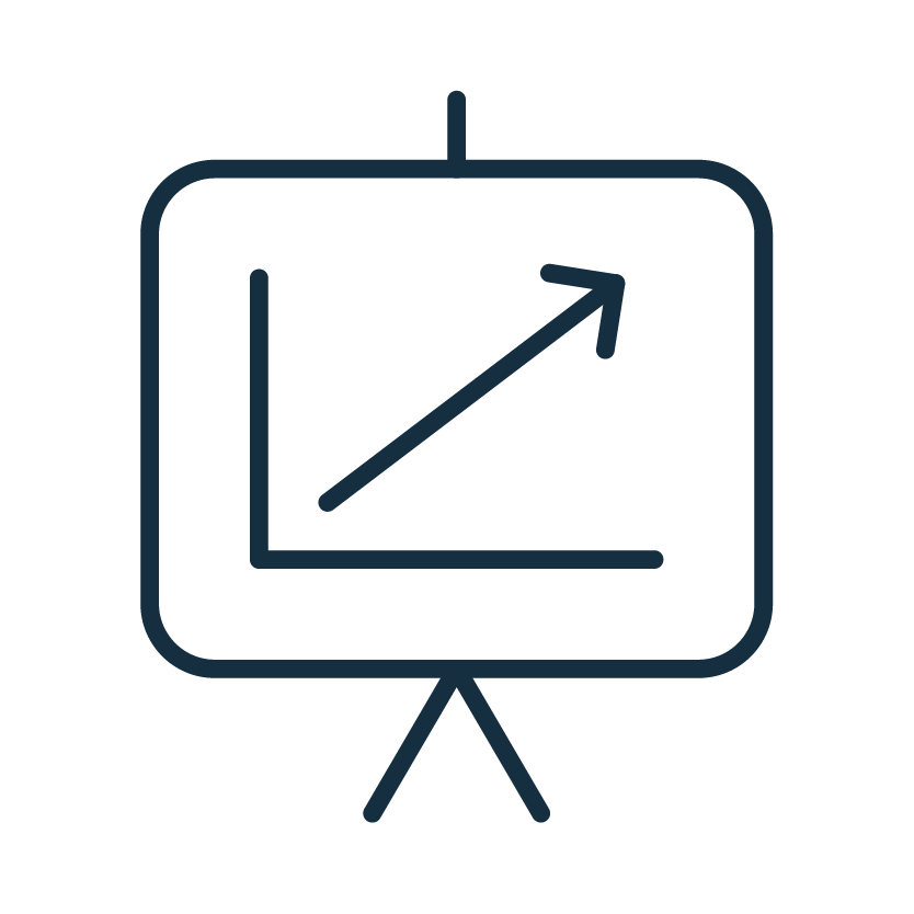 Icon: presentation board with upward trend chart, representing growth strategy
